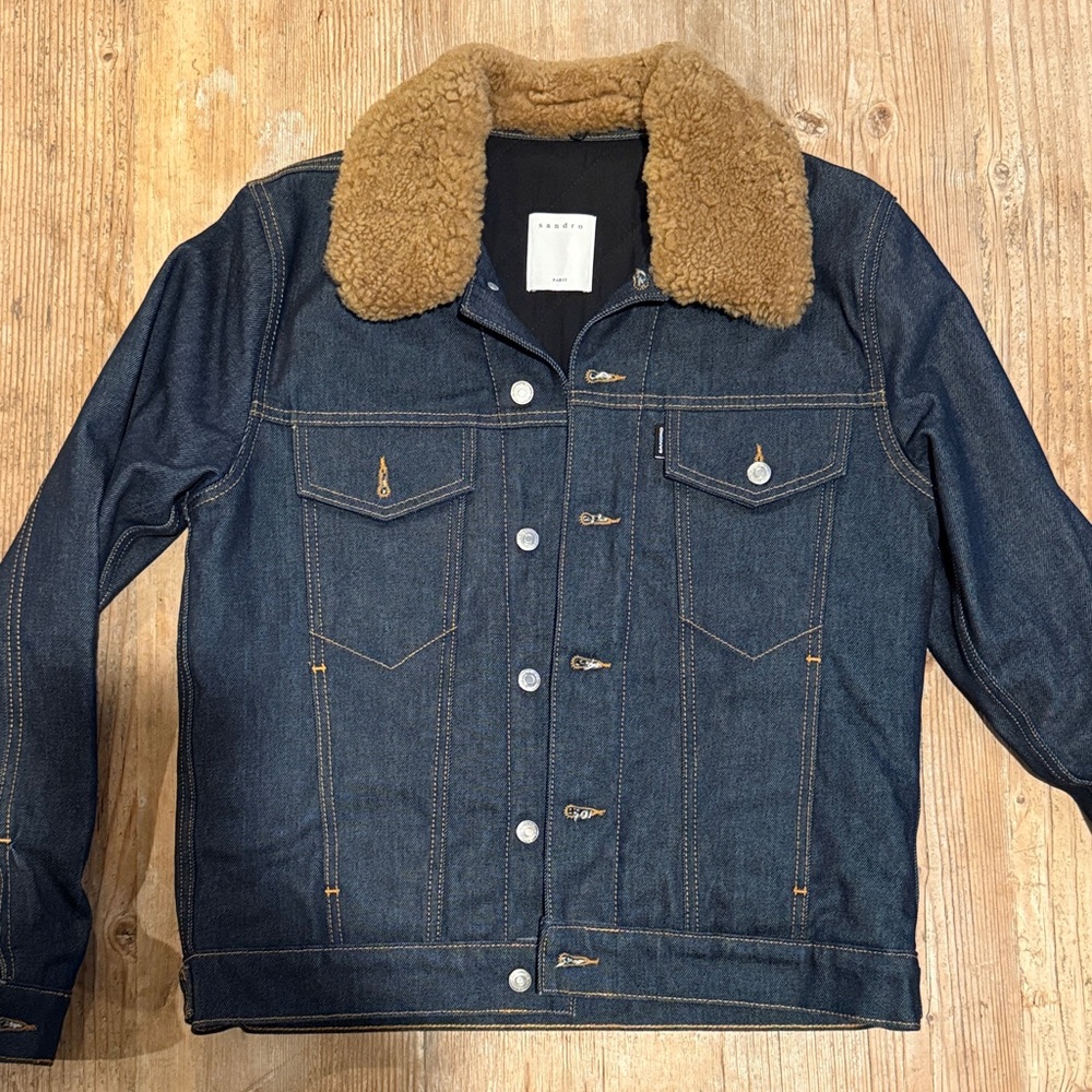 Sandro Dark Blue Denim Jacket with Brown Shearling Collar